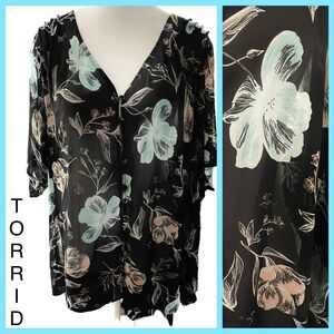 Torrid‎ Women's Sheer Black Floral Chiffon Blouse, Size 2 V-Neck